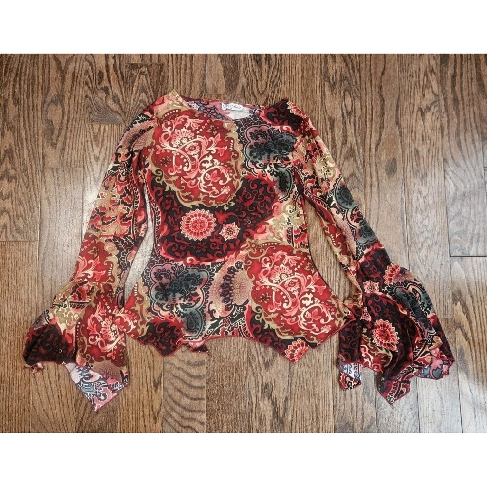 Belle Amie Y2K Asymmetric Bell Sleeve Paisley Blouse Top Medium Whimsi Hippie
